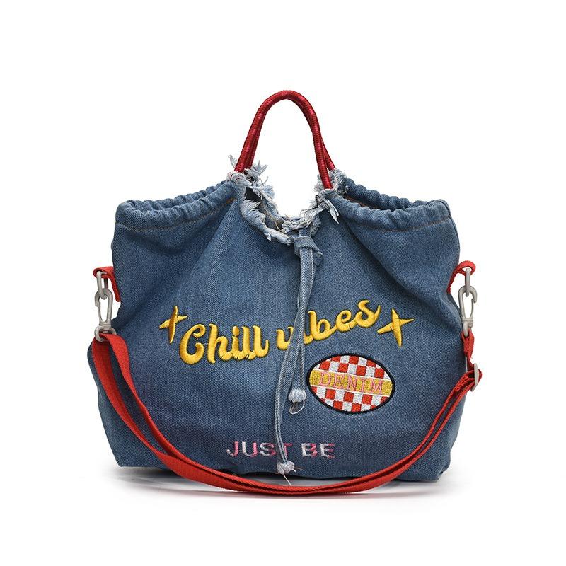 Trend embroidery casual versatile large capacity portable tote bag denim shoulder messenger bag