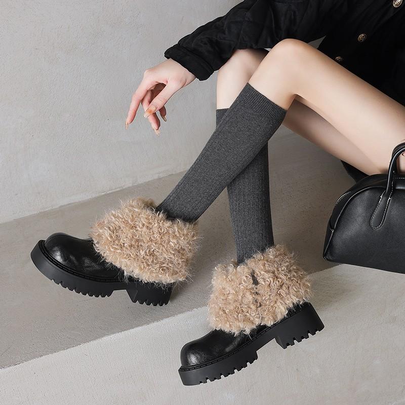 Women's large size soft sole heightening winter warm fur one non-slip snow boots padded lined ankle boots fur cotton boots Martin boots