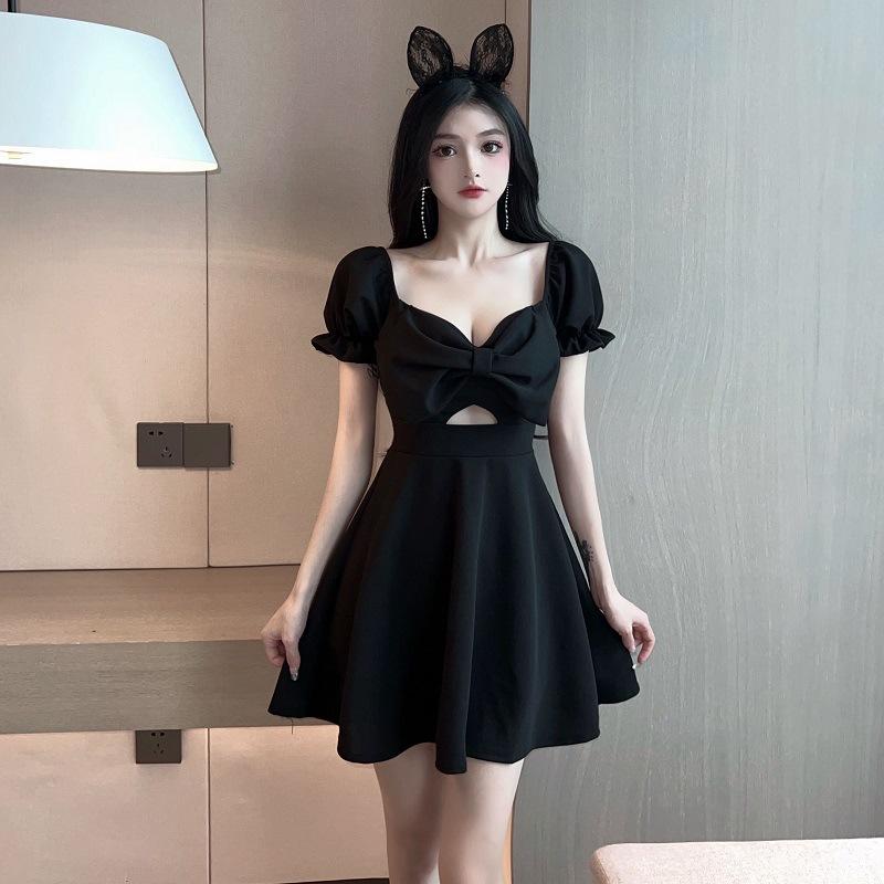

Summer new sexy temptation bow V-neck pendulum dress trendy fashion design sense niche L чорний