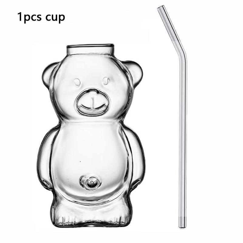 1/2pcs Cartoon Bear Shaped Glass Cup With Straw 300ml Transparent Juice Cocktail Glass Cup Restaurant Home Coffee Milk Cup