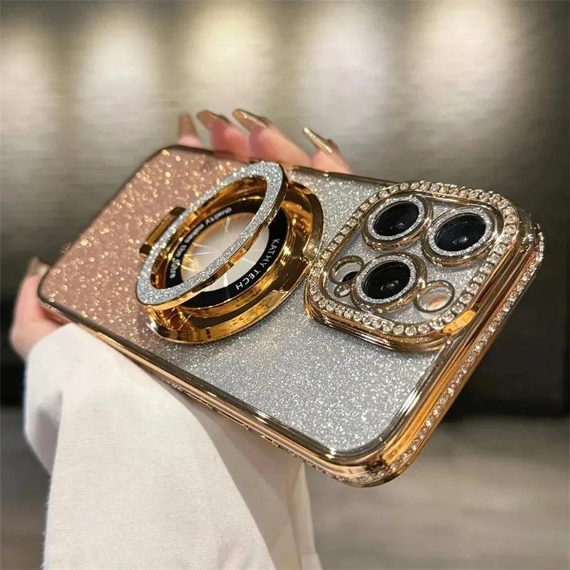 Rhinestone suitable for iphone16 mobile phone case Apple 15 magnetic electroplating with bracket glitter 17 all-inclusive silicone 11 sets