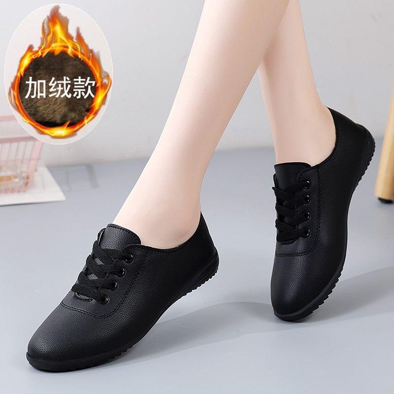 Маленькие кожаные туфли женские, подошва из говяжьей жилы, мягкая подошва, весенне-осенние одинарные туфли, на плоской подошве, на шнуровке, туфли для мамы, бархатно-черные, рабочие туфли 41