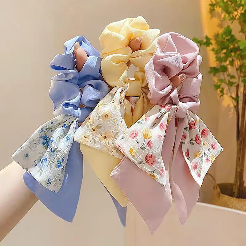 Floral Print Satin Bow Hair Tie Scrunchies Long Ribbon Ponytail Hair Ring For Women Girls Elastic Hair Bands Hair Accessories