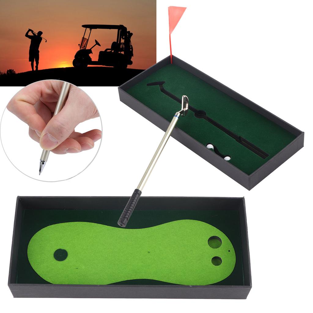 Desktop Small Golf Game Practice Set Ballpoint Pen Putters Golf Ball Putting Mat Flag