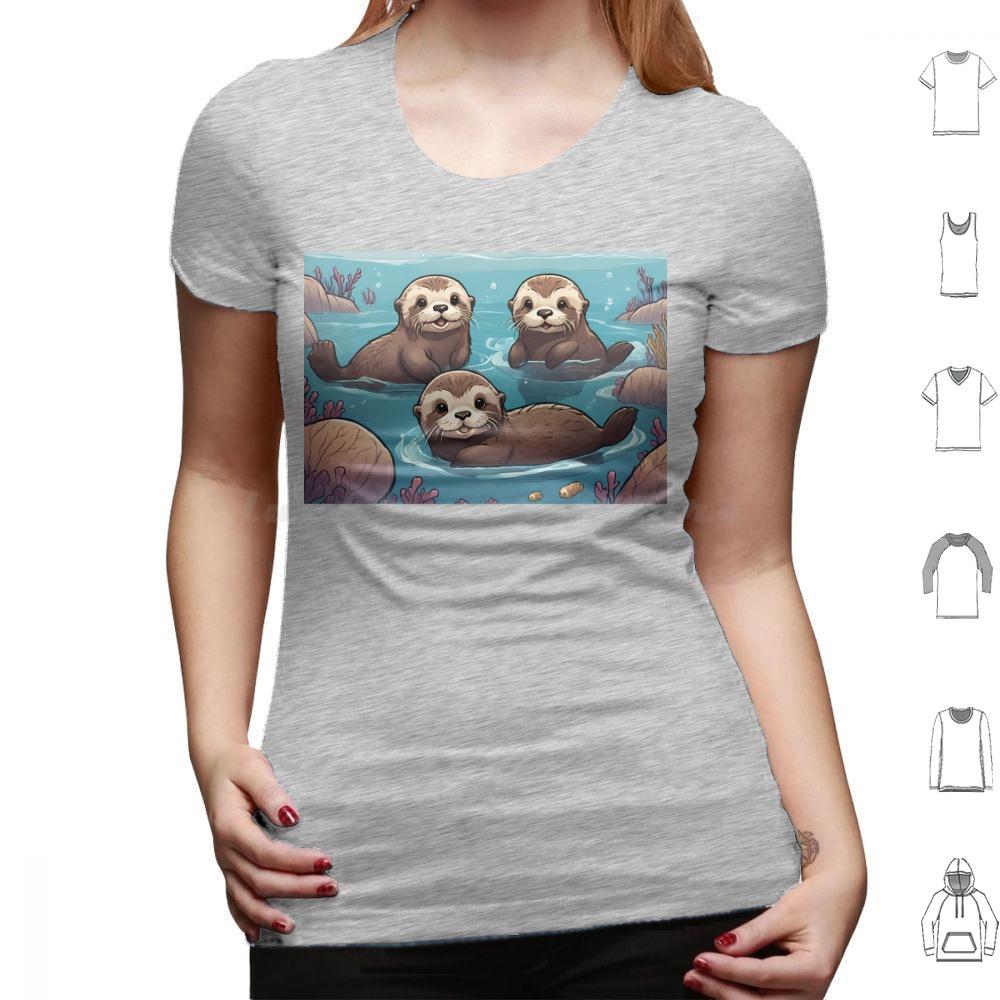 Playful Otters In The Ocean T Shirt Big Size 100 Cotton Otters Swimming Ocean Cute Adorable Family Joyful Playful Wildlife