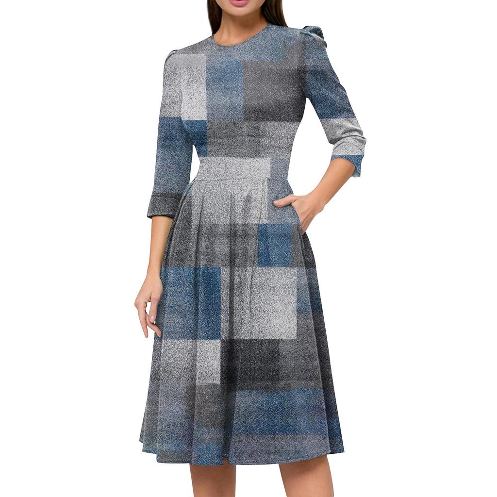 Women's Casual And Fashionable 3/4 Sleeve Pocket With Back Zipper Dress