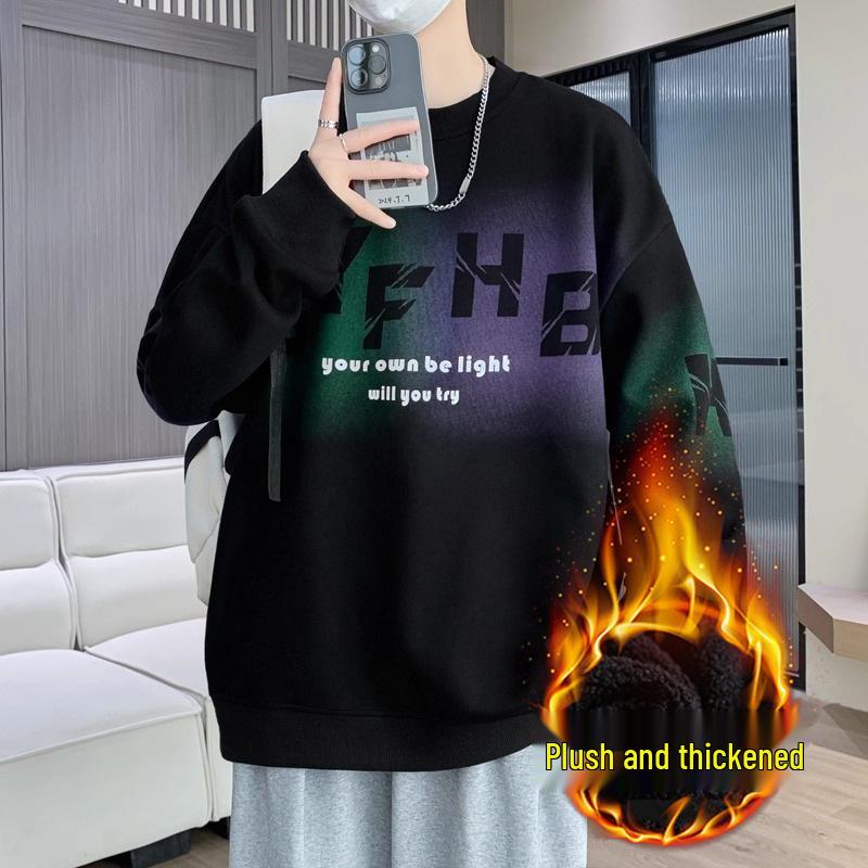 Men s Drop Shoulder Loose Sweatshirt: Round Neck Autumn/Winter Letter Print Long Sleeve Youth T-Shirt. L
