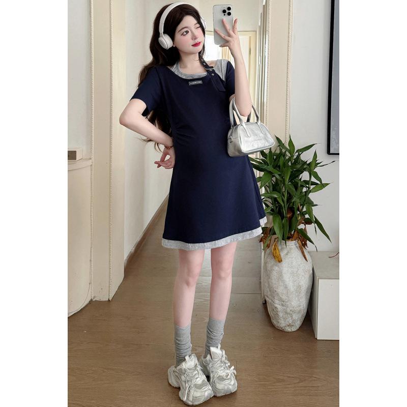 Summer Maternity Halter Neck Color Block Slim-Fit Two-Piece Dress Medium