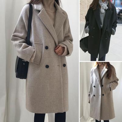 Women Fall Winter Coat Double-breasted Solid Color Buttons Long Sleeve Thick Lapel Mid Length Plus Size Loose Pockets Lady Jacket