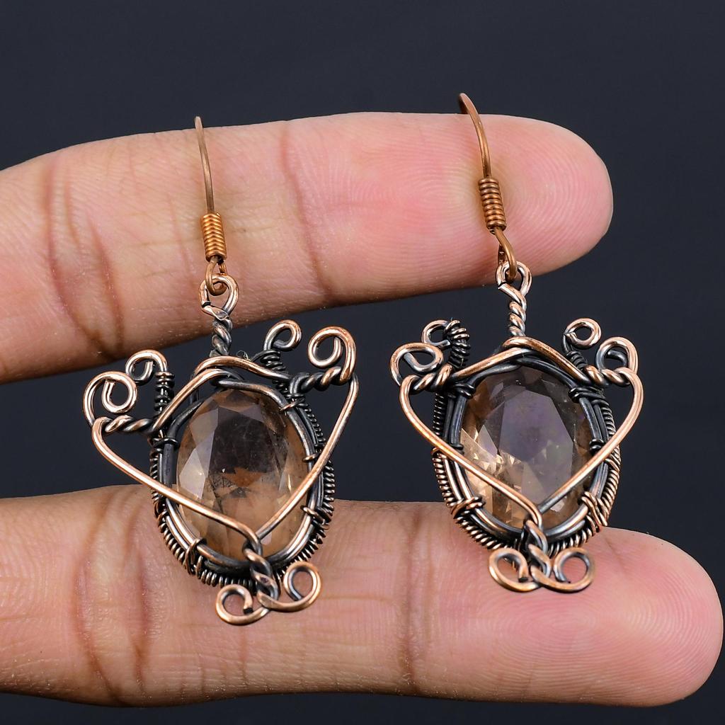 Smoky Topaz Earrings Gemstone Jewelry, 999 Copper Wire Wrapped Earrings, Handmade Beautiful Jewelry Earrings