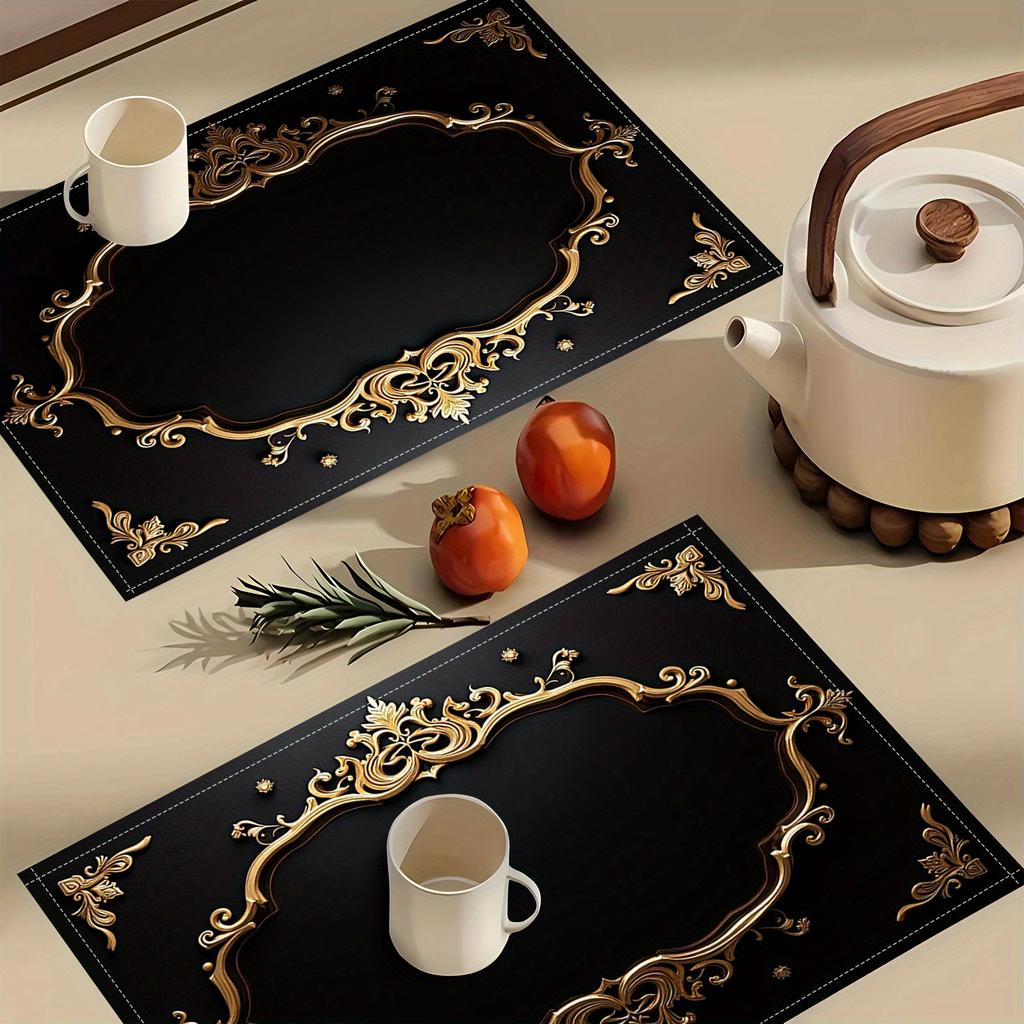 4pcs/6pcs Printed Placemats with Black Background and Intricate Golden Pattern Border Make Your Dining Kitchen More Beautiful, Perfect for Coffee