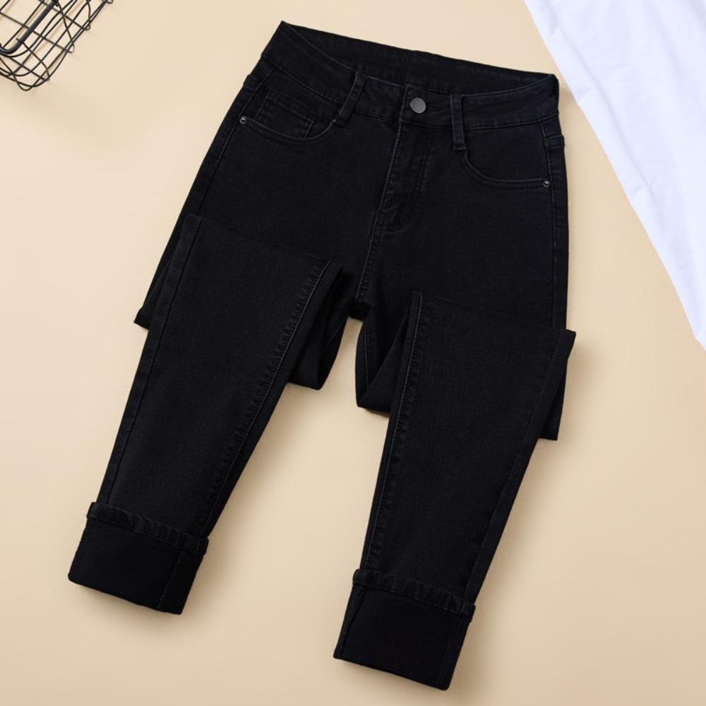 Women's High Waist Skinny Jeans Slim Fit Fleece Lined Pencil Pants Solid Color Stretch Thermal Denim Trousers For Winter Daily Commute