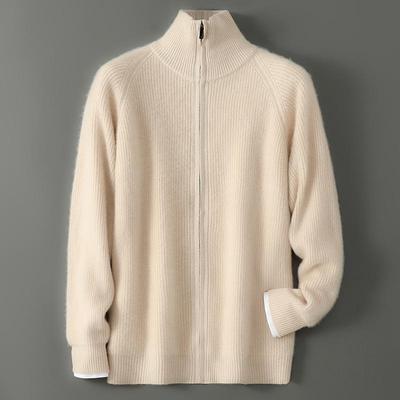 Men's High Neck Zipper Cashmere Cardigan, Double Ply, Thickened, Loose Casual Knit Sweater for Autumn and Winter.