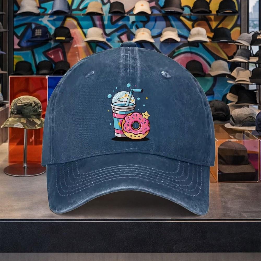 Cute Donut Drink Baseball Cap Washed Denim Adjustable Vintage Snapback Hat for Unisex