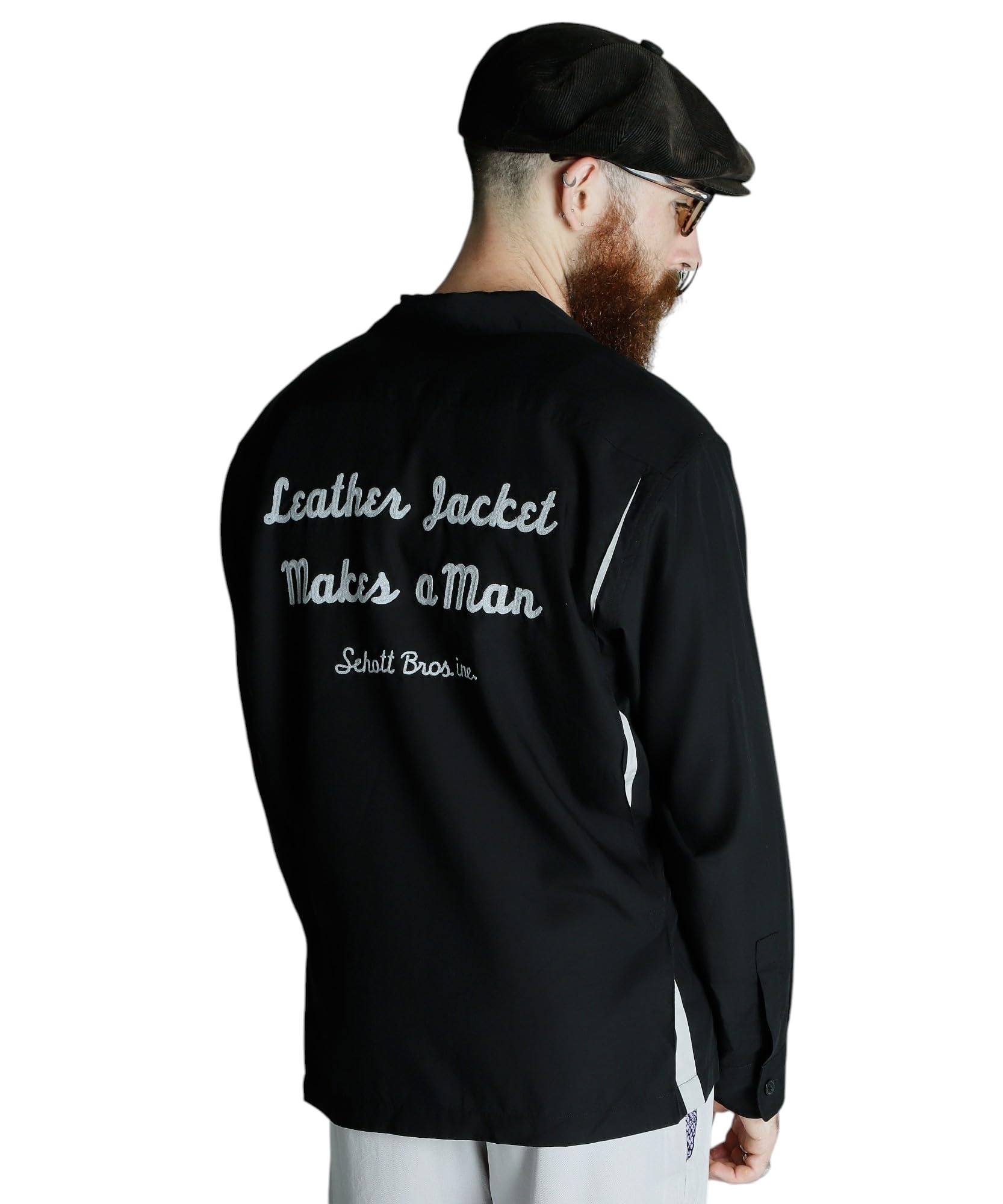 

Schott Bowling Shirt Jacket Makes a Embroidered Long Sleeve Bowling Size Leather Man Shirt, Men s, M, 010, Black, 782-5120001