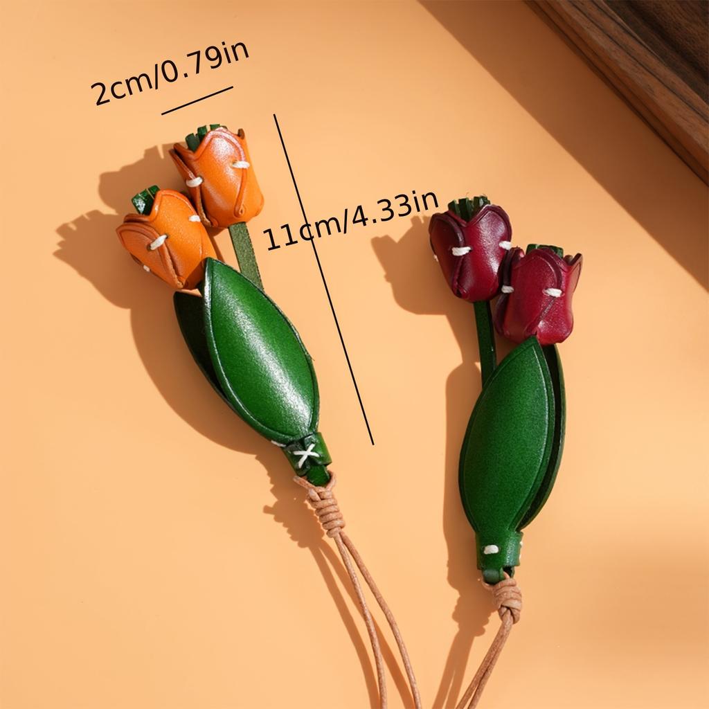 Handgefertigter Lederrosen-Schlüsselanhänger - Elegantes Tulpendesign Perfekt für Damen-Taschen, Geldbörsen oder Schlüssel | Ideales Valentinstagsgeschenk, Pflanzen-Thema