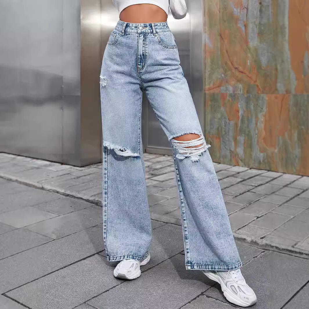 

Women s INS Fashion Ripped High-Waisted Wide-Leg Jeans L
