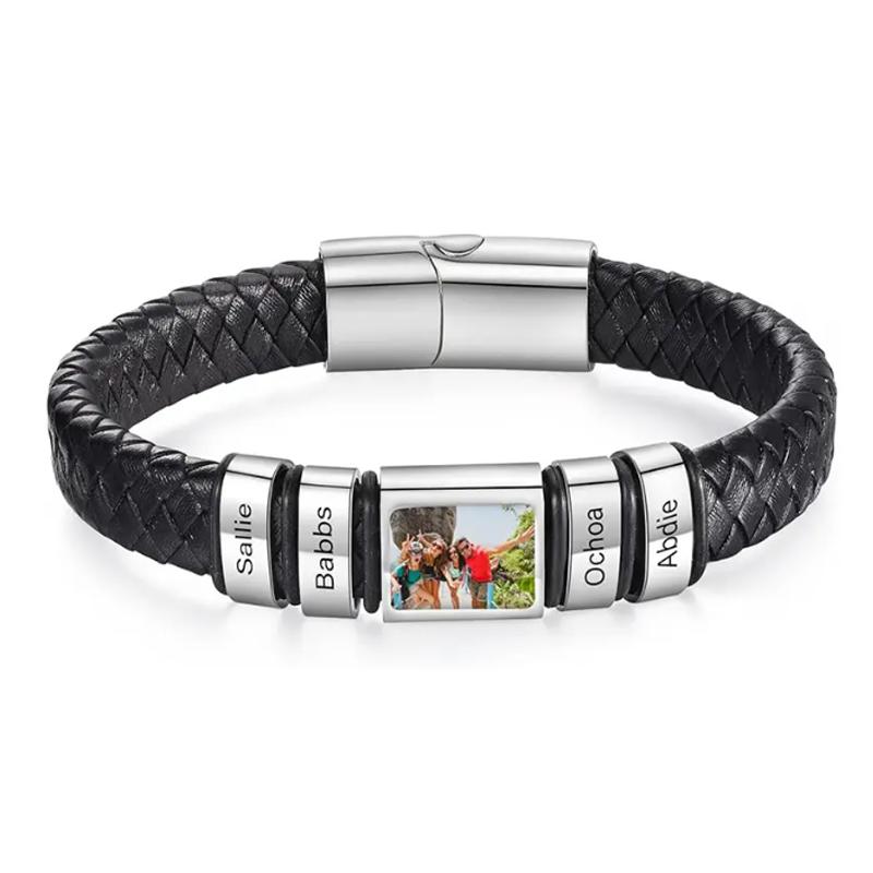 Personalizovaný náramek s fotografií pro muže, náramek s vlastním obrázkem, kožený gravírovaný náramek, šperk jako dárek pro muže, chlapce, manžela