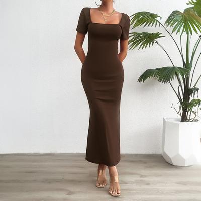 Lente en Zomer Effen Kleur Slim-fit Jurkje met Korte Mouwen