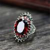 Wish Silver Jewelry: Retro Thai Silver Gemstone Ring with Red Pomegranate and Exaggerated Black Design