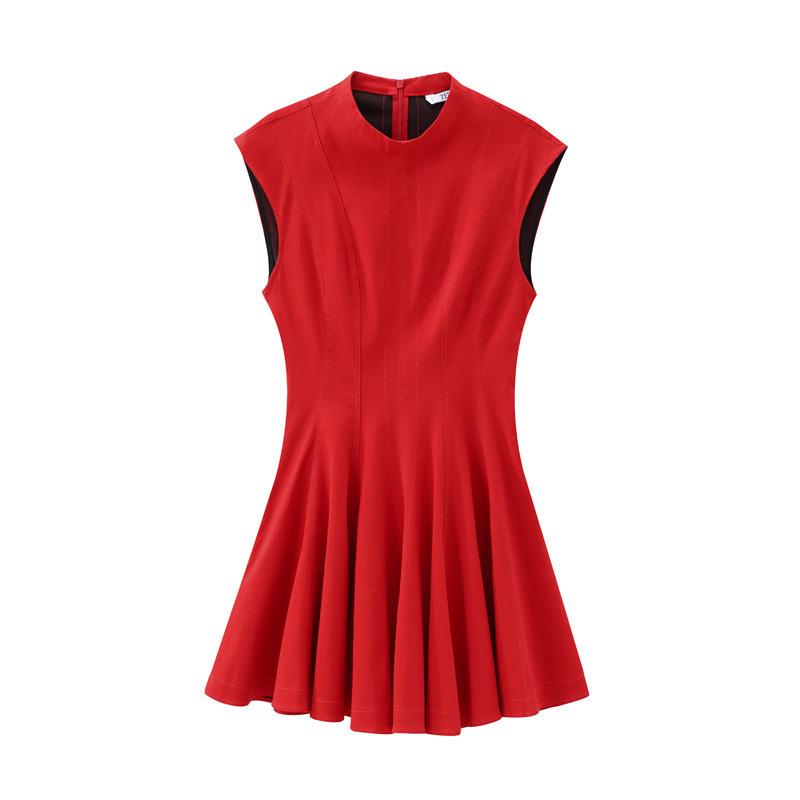 European & American Style Round Neck Sleeveless Pleated Skirt Dress for Women - Fashionable Design 8841460