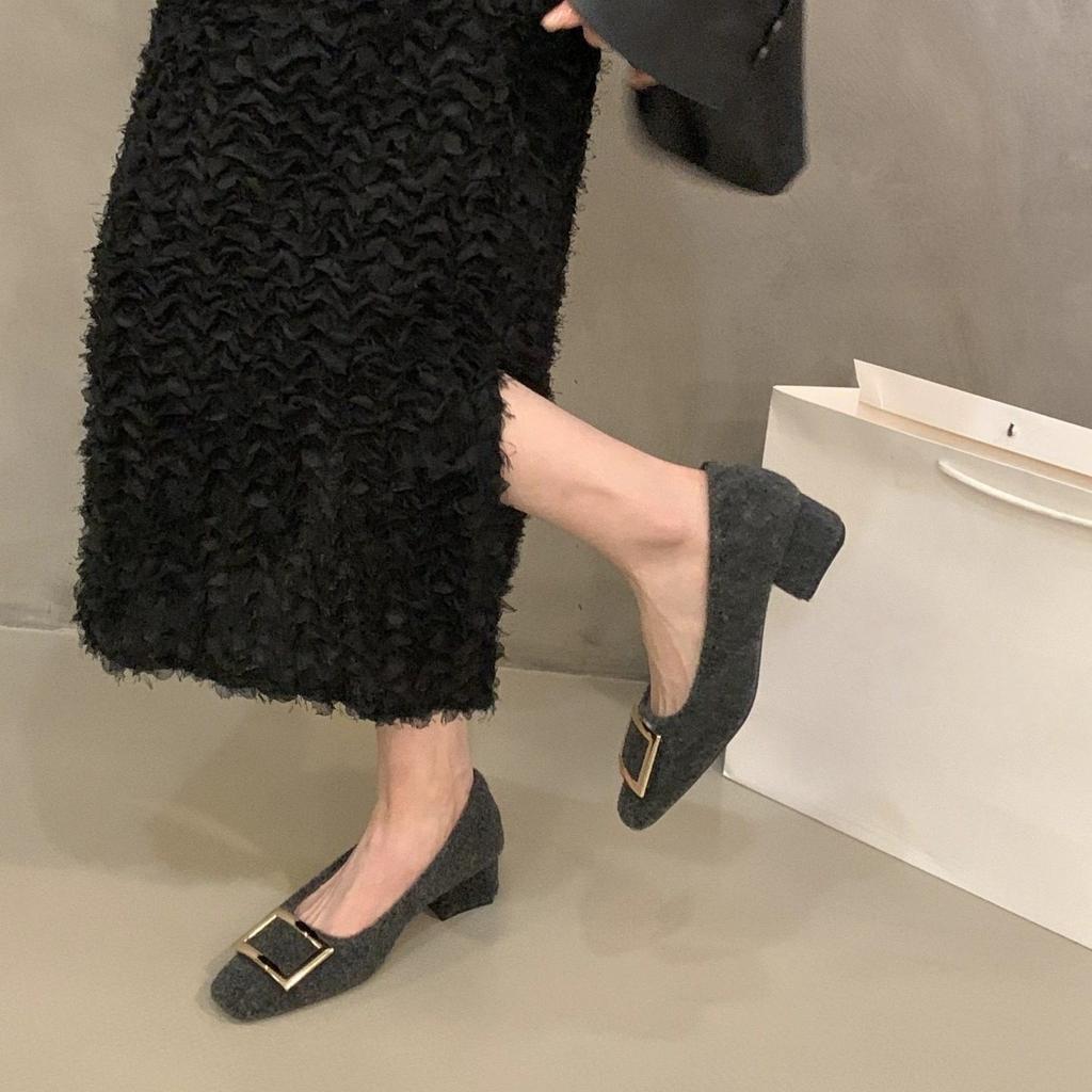 Coarse heel French black suede single shoes autumn and winter plush shoes square head commuter shoes