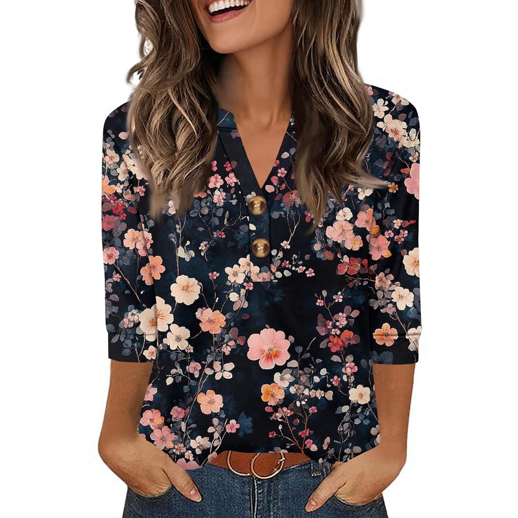 Ladies' Fashionable And Casual Floral Printed Three-quarter Sleeve Loose V-neck Button Shirt