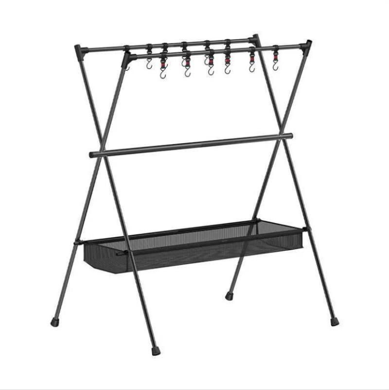 Portable Double-Layer Camping Storage Rack and Folding Lamp Stand