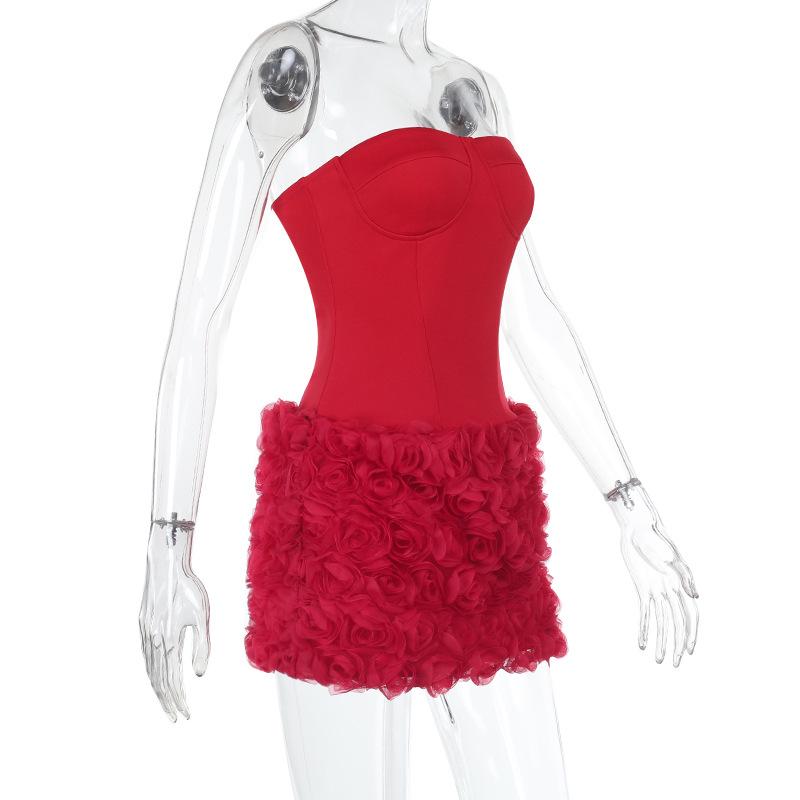 Spring Dress Women's Socialite Ethos Sexy Three-dimensional Flower Texture Strapless Dress Dress