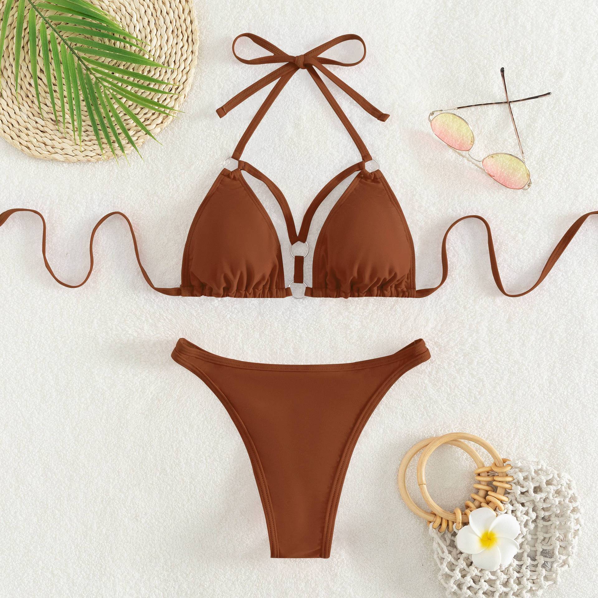 

Купальники с лямкой на шее и круглым вырезом, купальник из двух предметов на шнуровке, сексуальные женские однотонные комплекты бикини с треугольным разрезом L кофейный
