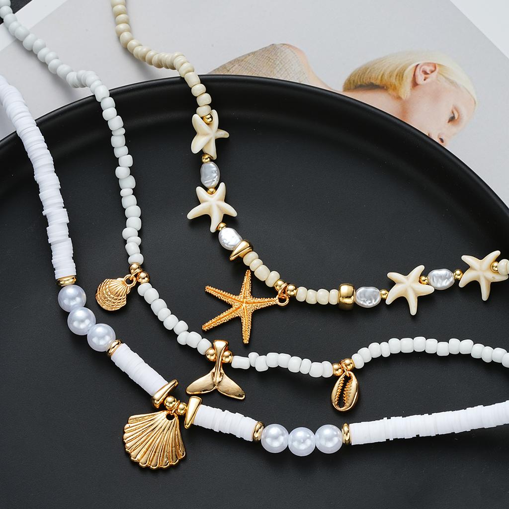 3Pcs/Set Conch Fish Tail Starfish Pendant Necklaces for Women Bohemian White Color Rice Beads Shell Necklaces Sets Beach Jewelry