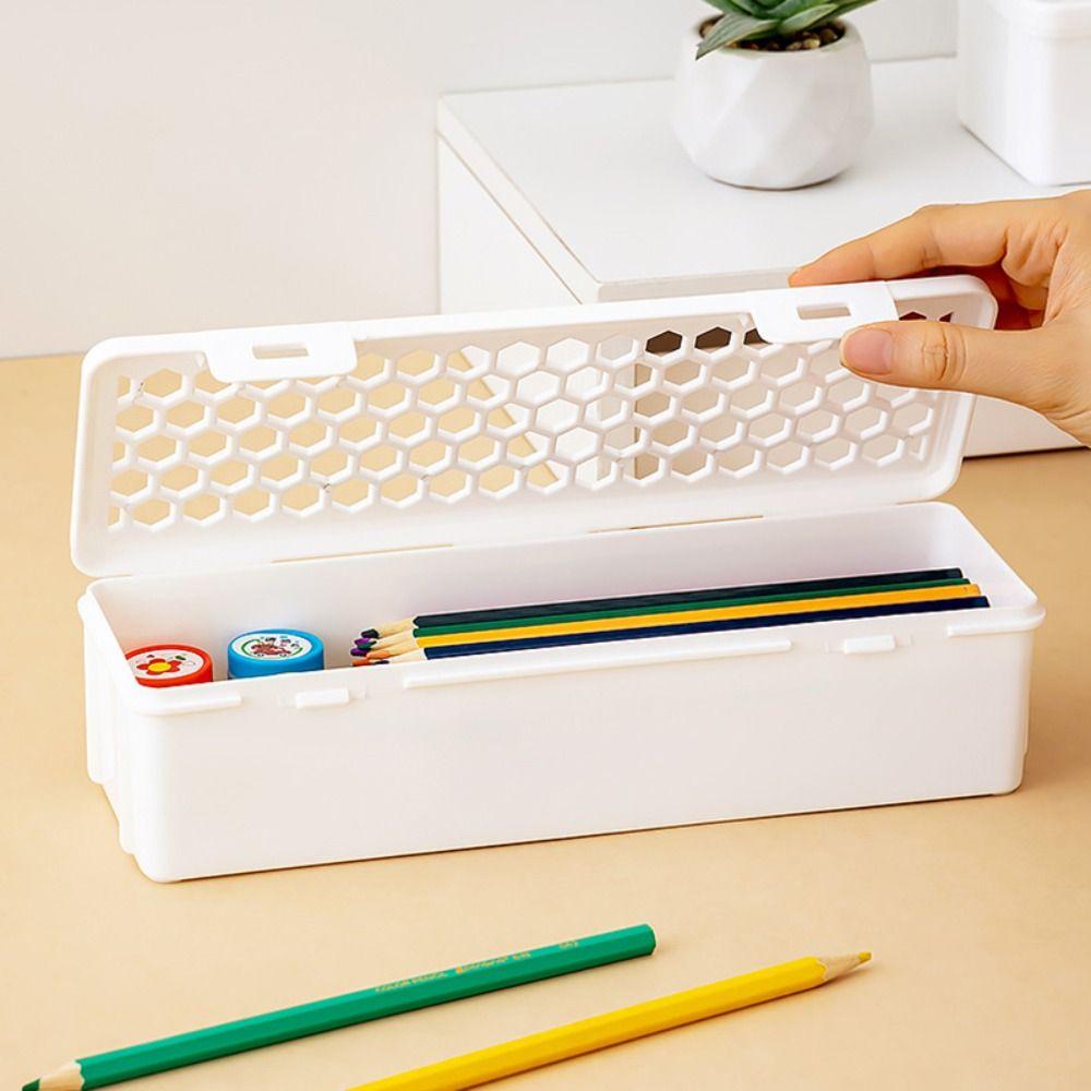Dustproof Plastic Desktop Organizer With Lid Household Stationery Storage Box Rectangular/Square Drain Tableware Case
