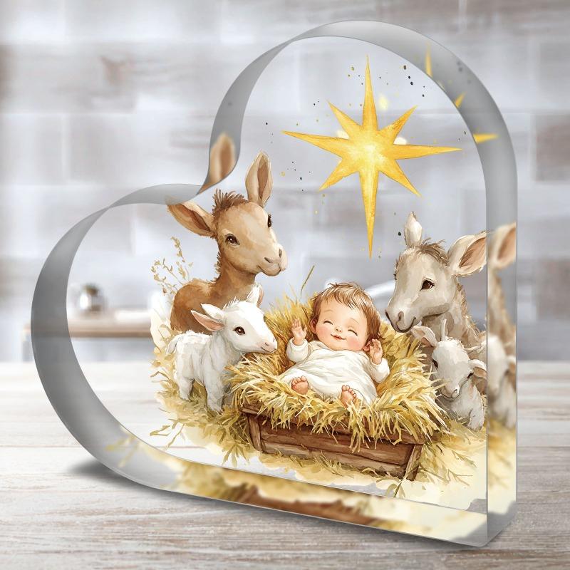 

2D Fla Nativity Scene Heart-Shaped Acrylic Decoration Plaque, Golden Star Design, Suitable for Wall Decoration, Porch, Room, Villa, Accents Home, Ha 10*10CM