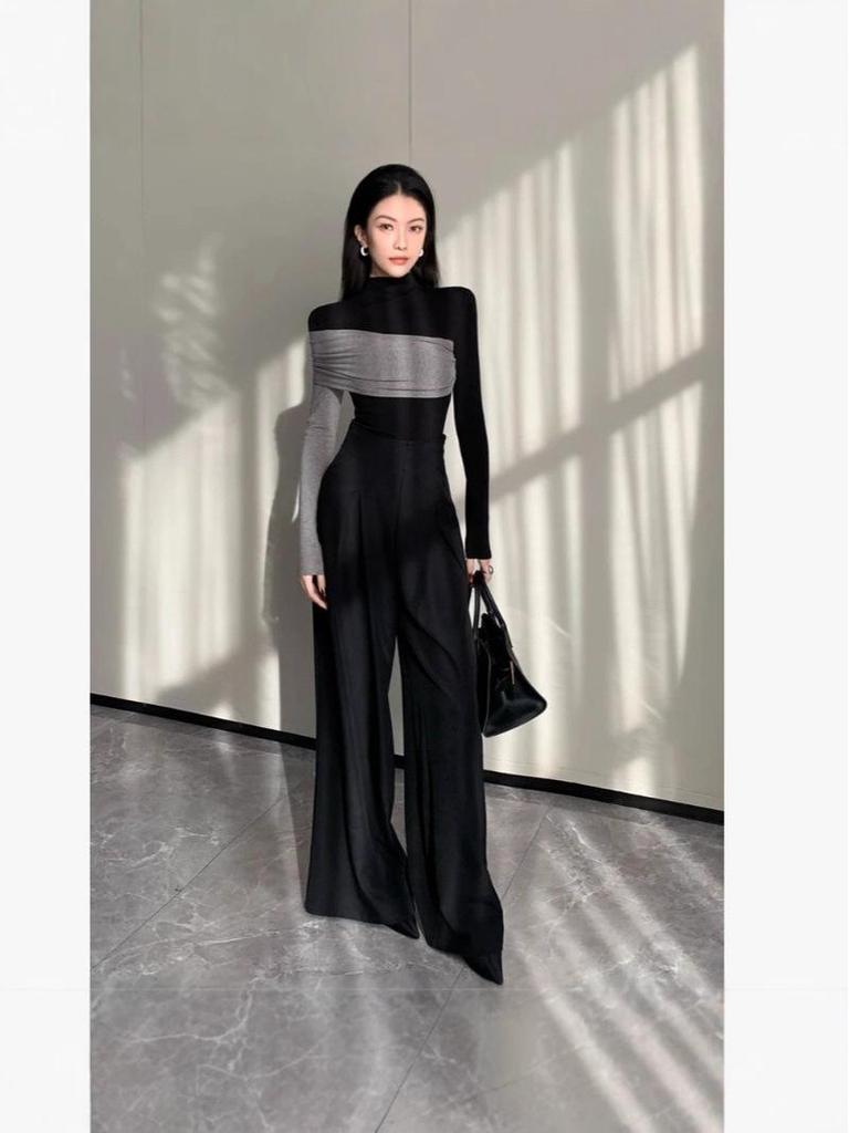 Korean Style Color Block Turtleneck Long Sleeve Women's Top - 2025 Autumn/Winter Collection