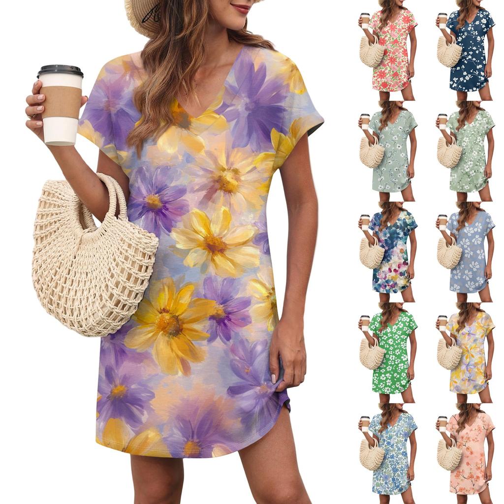 Women's Casual Fashion Sexy V-Neck Cap Sleeves Pocket Floral Dress