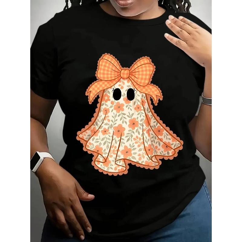 

Women s Cute Orange Floral Bow Halloween T-Shirt- Soft Casual Short Sleeve Round Neck Top with Cute Polka Dot Bow Design, Machine Washable Suitable 4XL чорний
