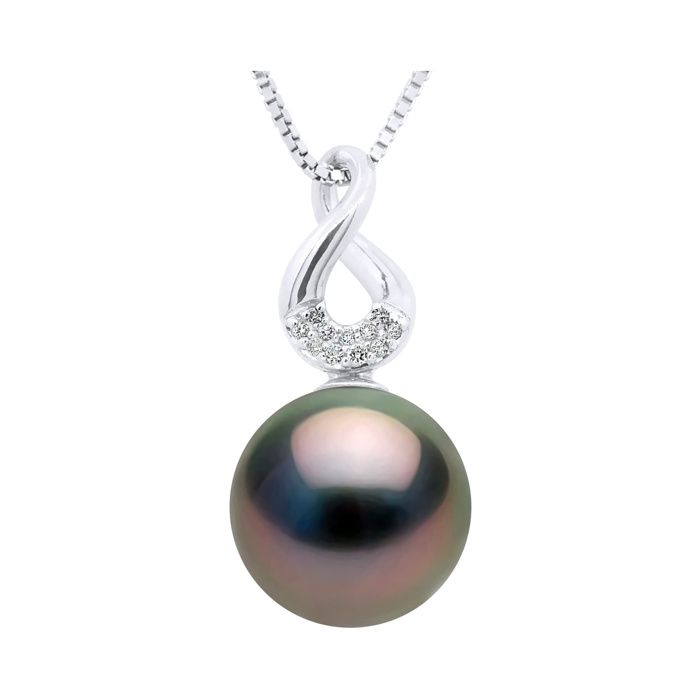 Pendentif - Pearls & Colors - Perle de Culture de Tahiti 9-10 mm Ronde - Or Blanc 375/1000 - Qualité A+ - Diamants - Femme