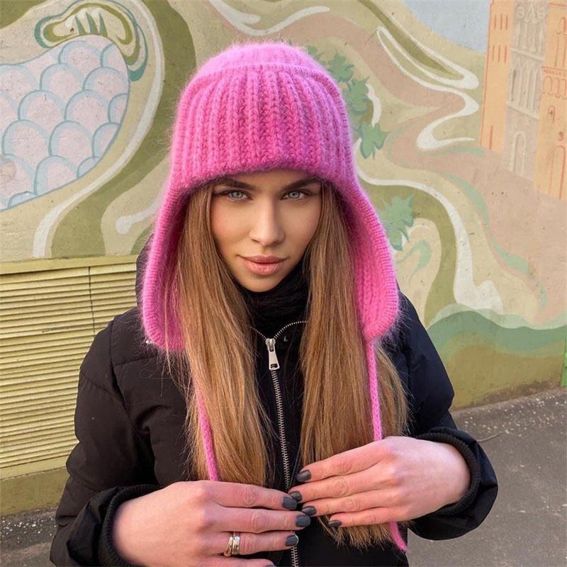 Autumn Winter Ladies Knitted Hat Women Leisure Lei Feng Style Solid Color Flanging Tie Up Ear Protection Windproof Warm Cap Bomber Hats Outdoor