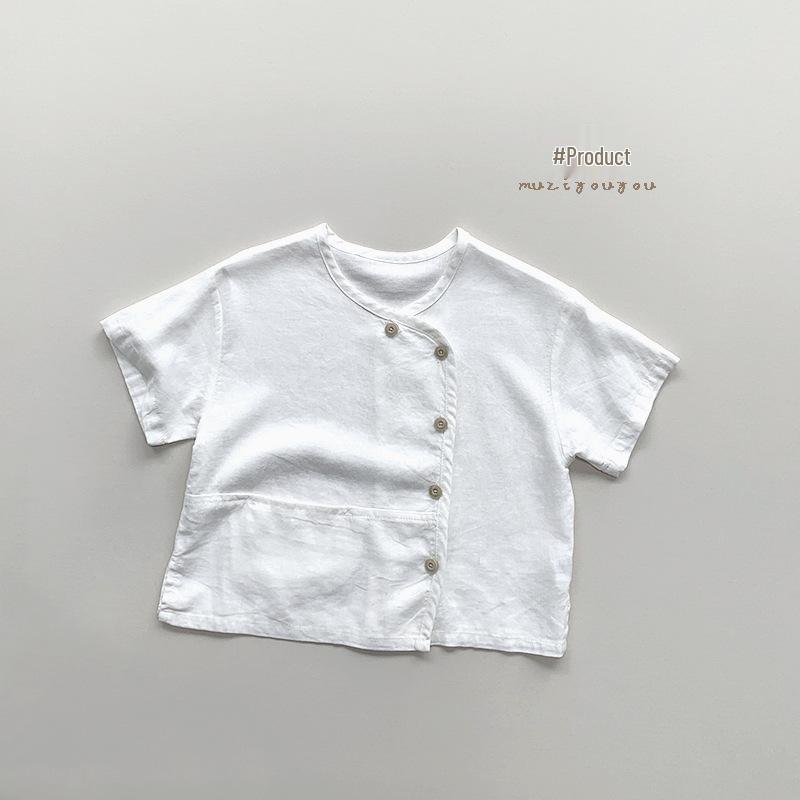 

Ретро футболка в японском стиле из хлопка и льна для мальчиков и девочек - топ с коротким рукавом в корейском стиле мори 110 cm белый