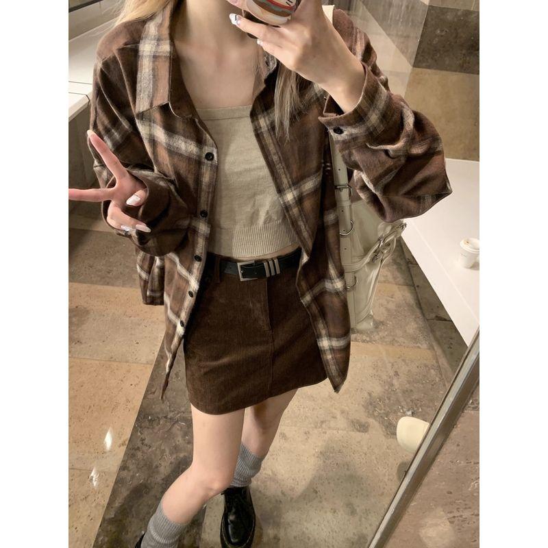 Kumikumi Maillard Retro Brown Plaid Long sleeve Shirts Women Autumn New All-Match Loose Slimming Top