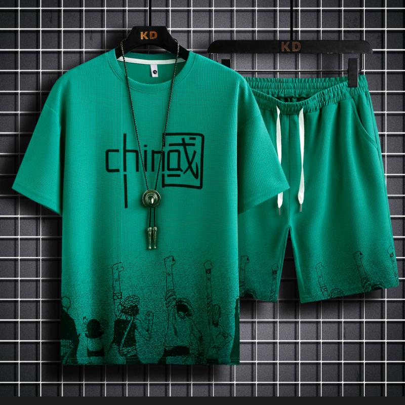 

Летние мужские комплекты из двух предметов с аниме-принтом, футболка + шорты, костюмы с градиентом, льняная ткань, повседневный костюм, мужской спортивный костюм с короткими рукавами S