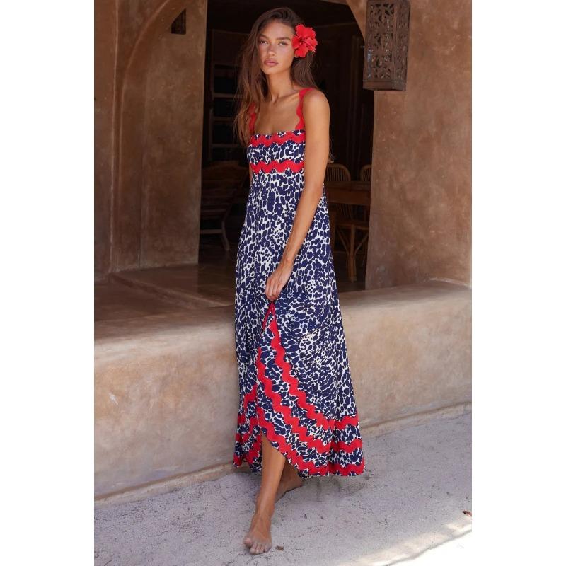 VEZFAA Women's Fashion Summer Spring Flower Pattern Print Sleeveless Suspenders High Waist Casual Dresses