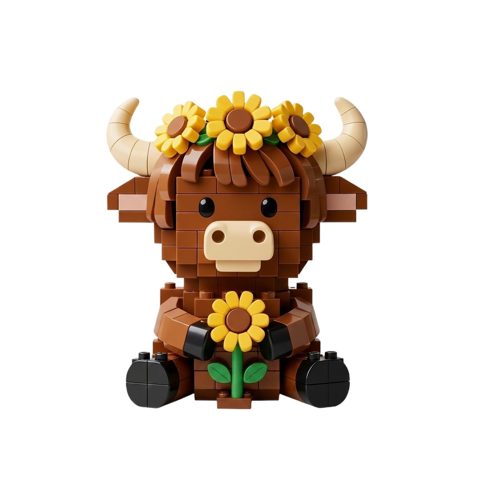 

Building Block Toy Highland Cow Figurine Holding Sunflower Decorative Model Kit for Creative Assembly and Display Collectible One Size