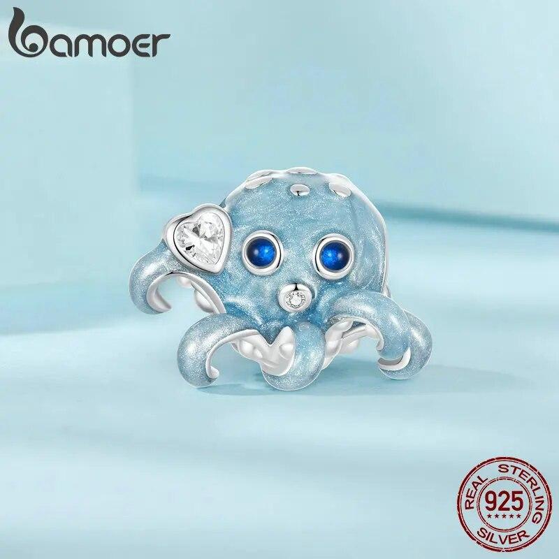 BAMOER 925 Sterling Silver Blue Enamel Octopus Beads Ocean Fish Charms for Women Bracelet Necklace DIY Accessories Jewelry Gift