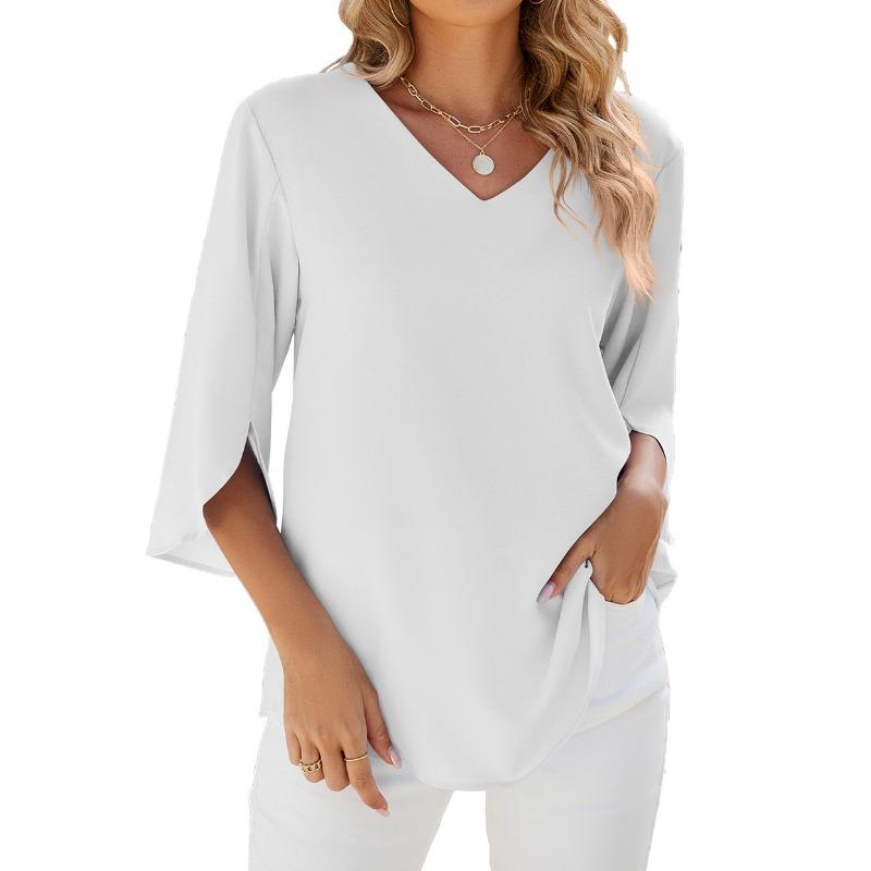 Spring Summer Solid Color V-neck Medium Sleeve Loose Chiffon Women's Top