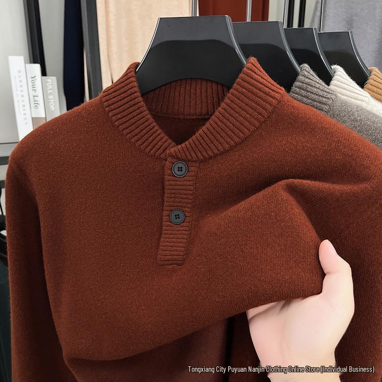 Men's Wool Sweater - Half-Button, Half-High Collar, Long Sleeve, Casual Knitwear for Autumn/Winter