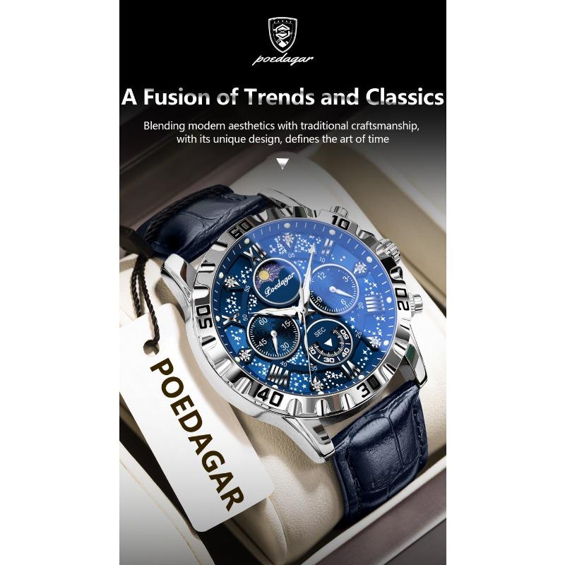 POEDAGAR Original Military Man Wristwatch Waterproof Luminous Chronograph Leather Strap Watches for Men Quartz Watch Reloj
