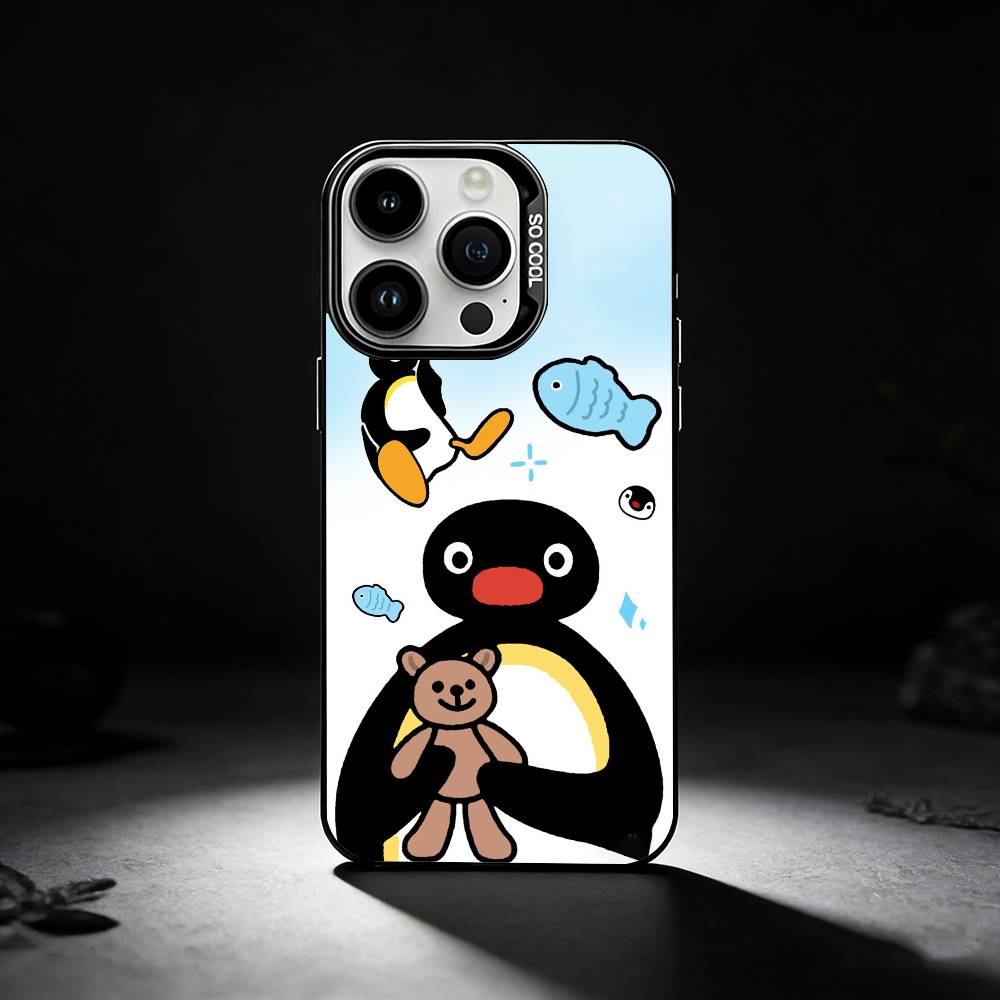 Cute Art Pingu Penguin Phone Case For iPhone 17,16,15,14,13,12,11 Plus,Pro Max,XS,Colored Silver Phone Case