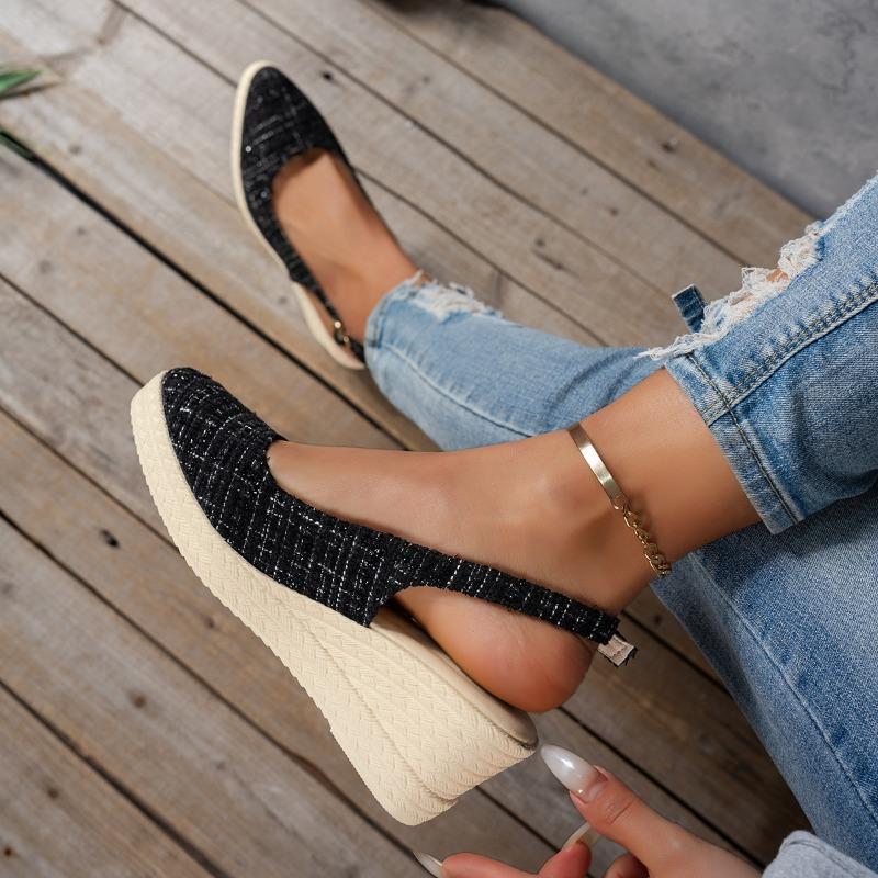 Women's Platform Wedge Heel Mules - Closed Toe Backless Sandals with Jute Rope Sole, Chunky Heel Spring Shoes