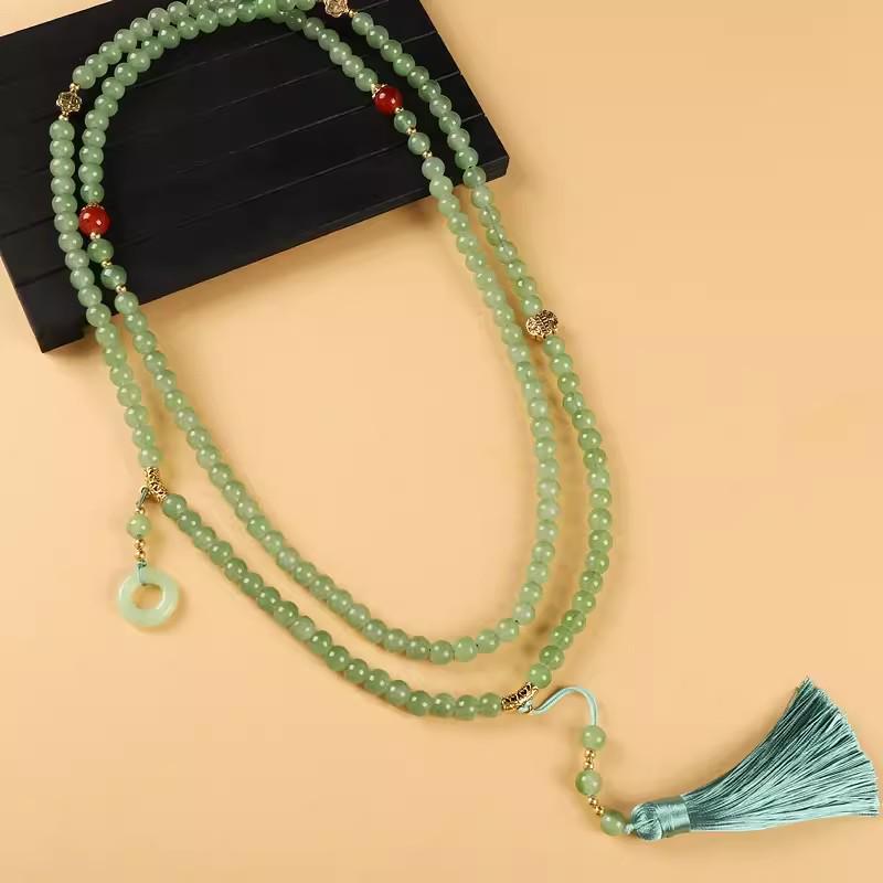 Green Beaded Tassel Crossbody Necklace - Retro Chinese Style Sweater Chain Accessory